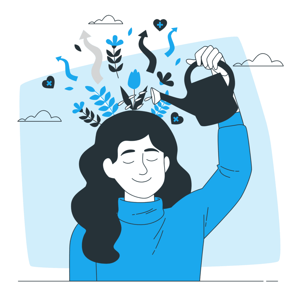 A woman embracing her limitations, watering her head with a watering can in an illustrative image.
