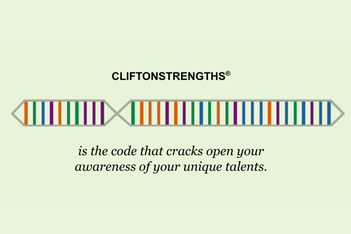 Rainbow with "cliftonstrength is the code that cracks open your awareness" - Strengths-based leadership focus.