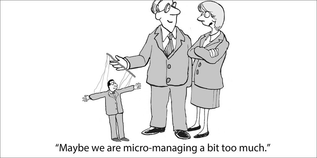 Two people discussing the business world. Cartoon image. Relevant to 'how to be a better manager'