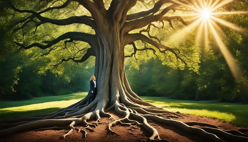 A man is positioned under a sprawling tree, its roots visible, representing nature's strength and personal growth. Awareness & ikigai Australia. image of a person standing at a crossroads, with the path to their left labeled "passion" and the path to their right labeled "mission." In front of them, a tree with deep roots and strong branches represents their sense of purpose. The sun is shining down on them, illuminating their face with a sense of clarity and fulfillment.