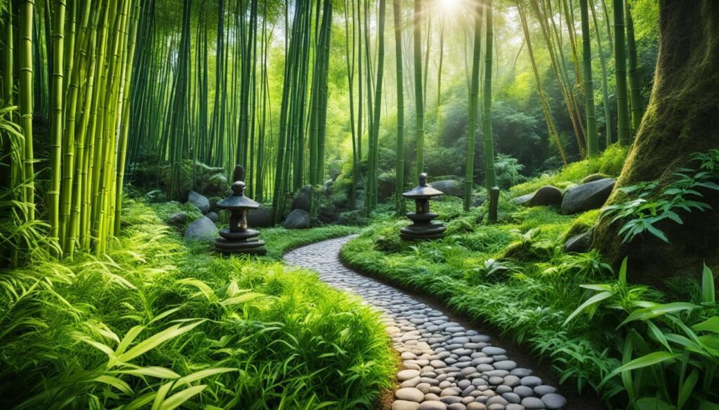 Show these elements as a puzzle or a Venn diagram, with each piece representing one element and fitting together to form the whole concept. Use vibrant colors to show the energy and passion that comes from finding your purpose. The image should convey a feeling of balance and harmony, as well as excitement and motivation to help viewers discover their own Ikigai. A winding path through lush greenery leading to a hidden sanctuary, with a beam of sunlight illuminating the way. The path is lined with stones and small statues of animals, representing different aspects of one's personality. In the distance, there is a bamboo forest, symbolizing resilience and strength. The surroundings are peaceful and serene, inviting you to reflect on your life's purpose. The image should convey a sense of clarity and enlightenment, as if the viewer has found their true ikigai.