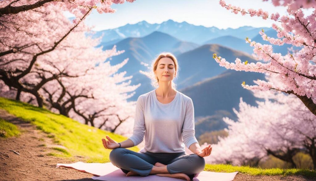A person sitting cross-legged on a mountaintop, surrounded by blooming cherry blossom trees. In the distance, there is a winding path leading to a glowing light. The person's eyes are closed and their palms are facing upward, as if in meditation or deep contemplation. The focus is on the person's face, which shows a serene expression of self-discovery and purpose
