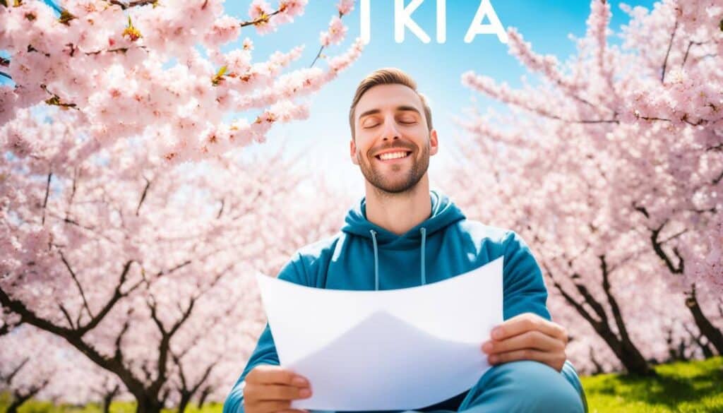 an image featuring a person sitting in a meditative pose with a clear blue sky in the background. The person has a serene expression on their face and is surrounded by nature, specifically cherry blossom trees. The person is holding a piece of paper with the word "Ikigai" written on it, and there is a faint aura around them symbolizing their heightened state of awareness. In the foreground, there is a small stone with the Japanese characters for "S.A.T.O.R.I. Attitude" engraved on it.