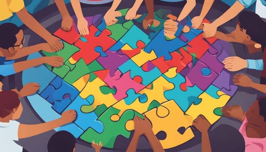 A group of diverse students sitting together in a circle, each holding a colorful puzzle piece with different strengths written on them. The puzzle is incomplete, symbolizing that each student brings unique strengths that, when put together, make a whole and powerful team. A big smile on their faces shows the excitement and confidence they feel from discovering and embracing their strengths. In the background, there are colorful posters and banners with encouraging slogans like "Strength in Diversity" and "Unleash Your Potential."