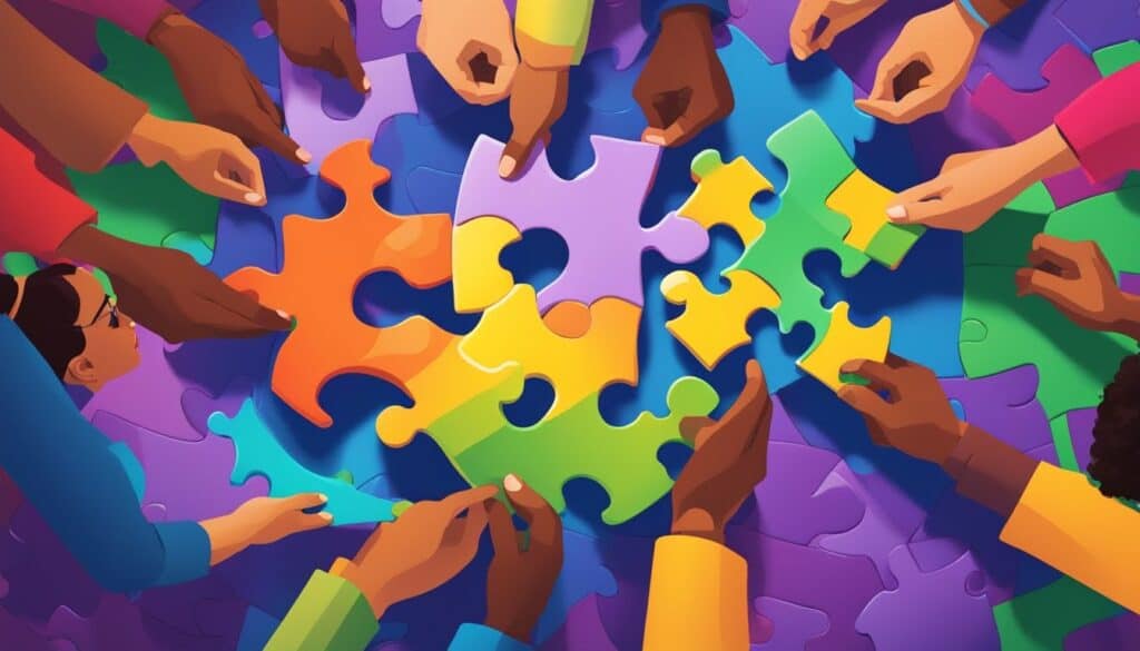 A group of individuals sitting in a circle, each holding a puzzle piece with a unique color and shape. One person is reaching out to connect their piece to another's, symbolizing the importance of collaboration and leveraging individual strengths to achieve a common goal. The background showcases a colorful and vibrant puzzle completed, representing the harmonious fusion of different strengths into one cohesive whole.