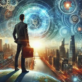 Businessman with briefcase looking at a futuristic city with gears and light effects, representing opportunities.