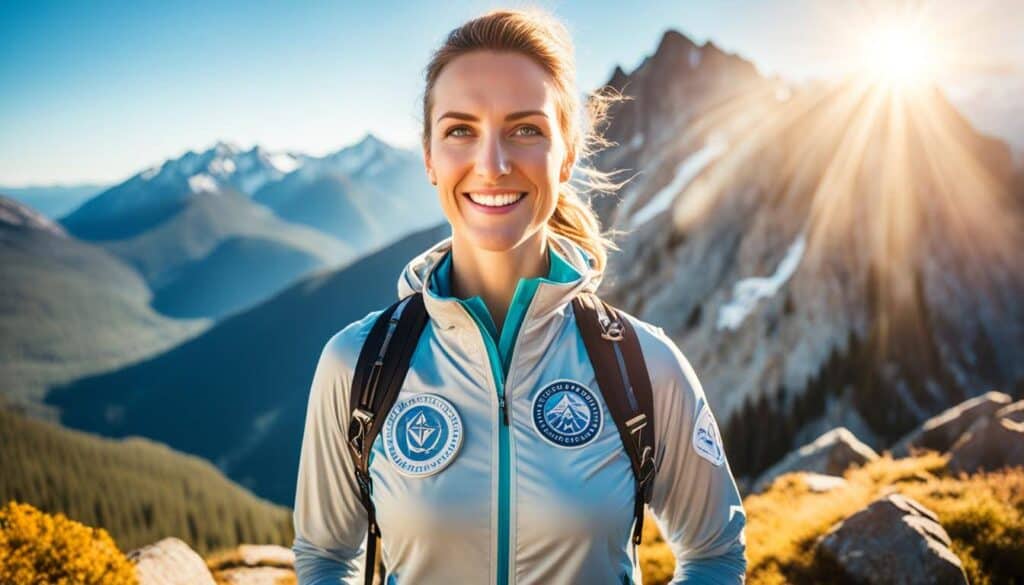 A person standing confidently on top of a mountain, looking out towards a bright and promising future. The sun is shining down on them, casting a warm and empowering glow. Surrounding the person are symbols of their accomplishments and successes, such as medals, trophies, and certificates. The person's body language exudes self-belief, with their head held high and a clear expression of determination on their face.