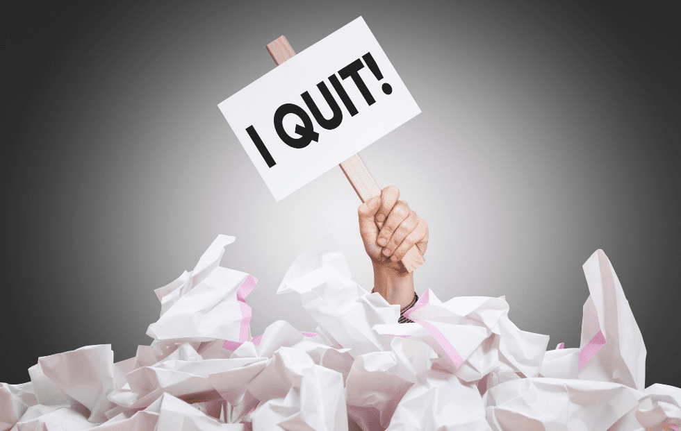 A hand showing 'I QUIT', Knowing when to quit is super important.