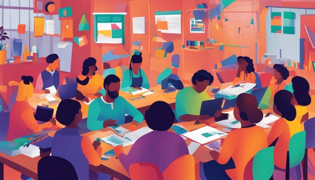 Strengths Worshops going on in a colorful background with everything.