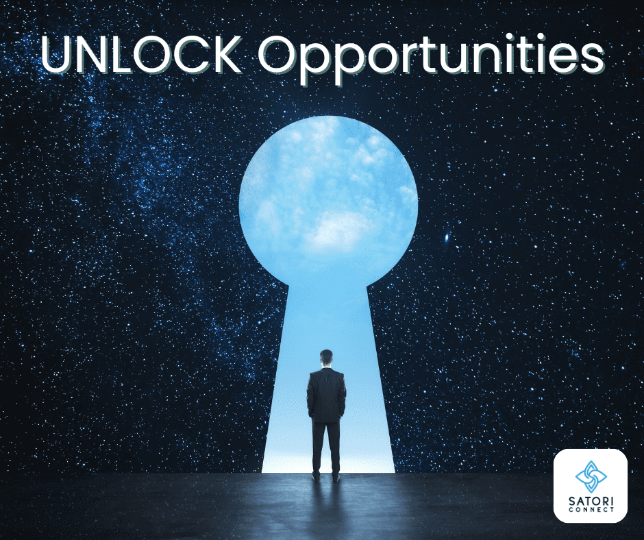 Person in suit before a key lock gate to get beyond the dark room without opportunities, with an inspirational quote and digital backdrop, symbolising opportunities.