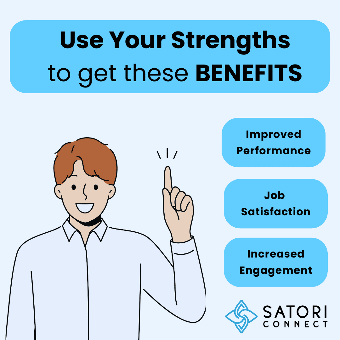 An infographic showing a person highlighting how to sue your strengths to get benefits in strengths leadership
