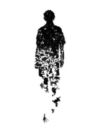 A black outline or shadow of a boy filled with pieces of animals. Showing talents into strengths