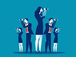 Business professionals using binoculars to identify opportunities, transforming talents into strengths for future success.