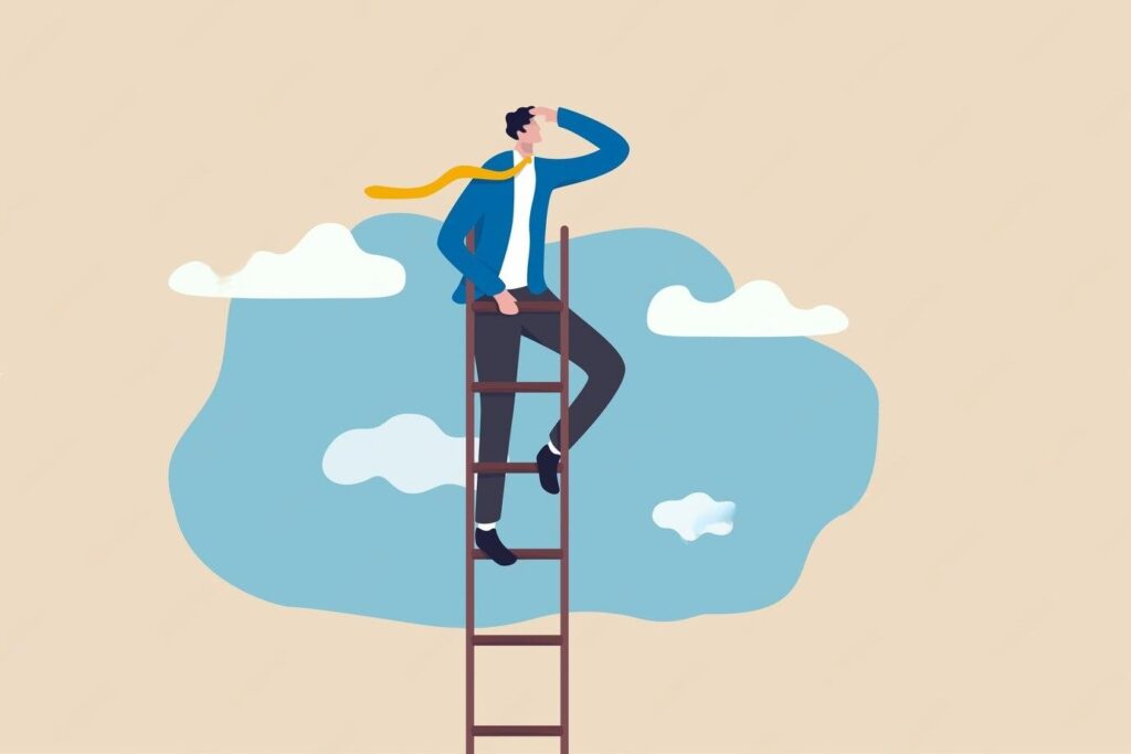 A man climbing ladders of difficulties looking up in the sky, signifying talents into strengths