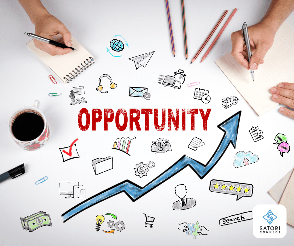 Illustration of a person working at a computer, with another figure soaring into a sunburst labelled "Opportunities."