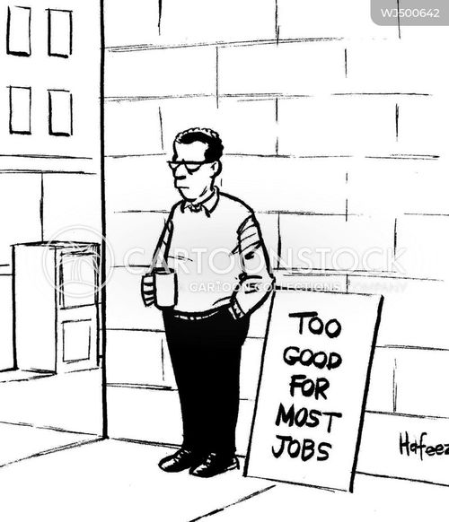 A cartoon man stands beside a stand: too good for any job.0 Showing why working of strengths-based workshops is needed