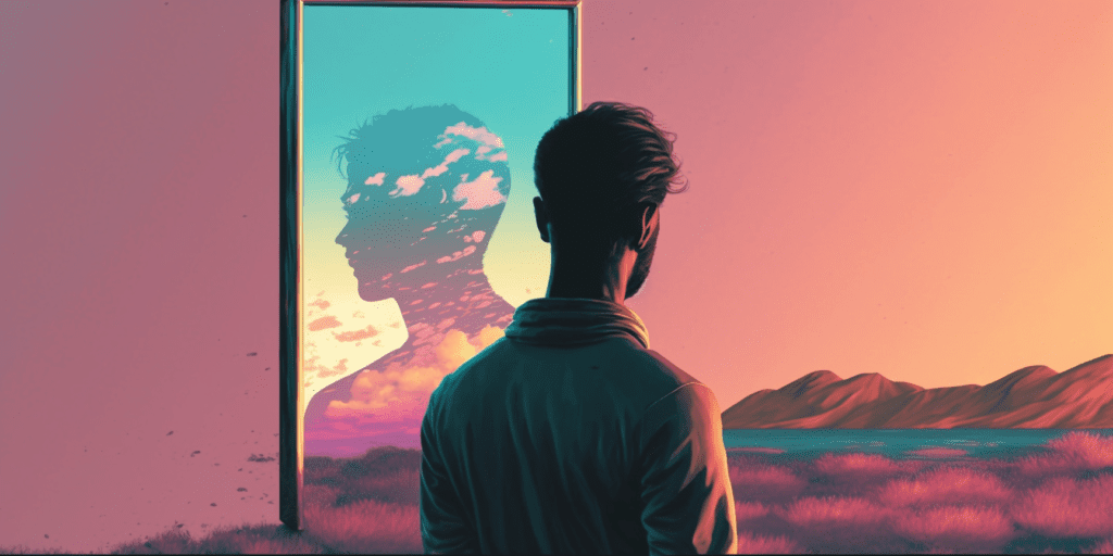 Boy looking through in the mirror showing How to re-imagine your life in 2024 and 2025 with the SATORI ATTITUDE reflective questions