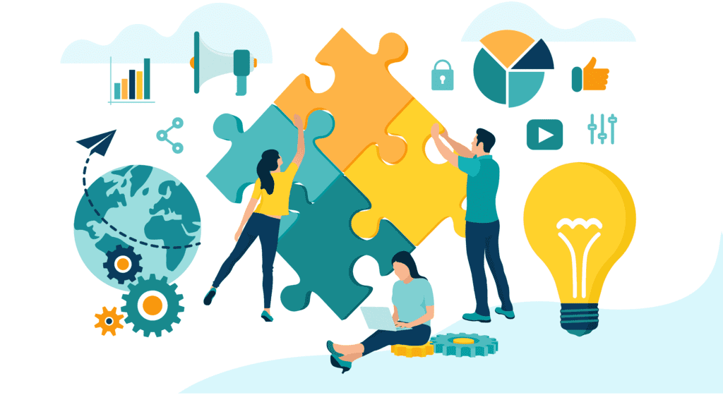 A group of people fixing solving pieces of puzzle signifying that psychological Safety is a collective effort with S.A.T.O.R.I. Attitude.
