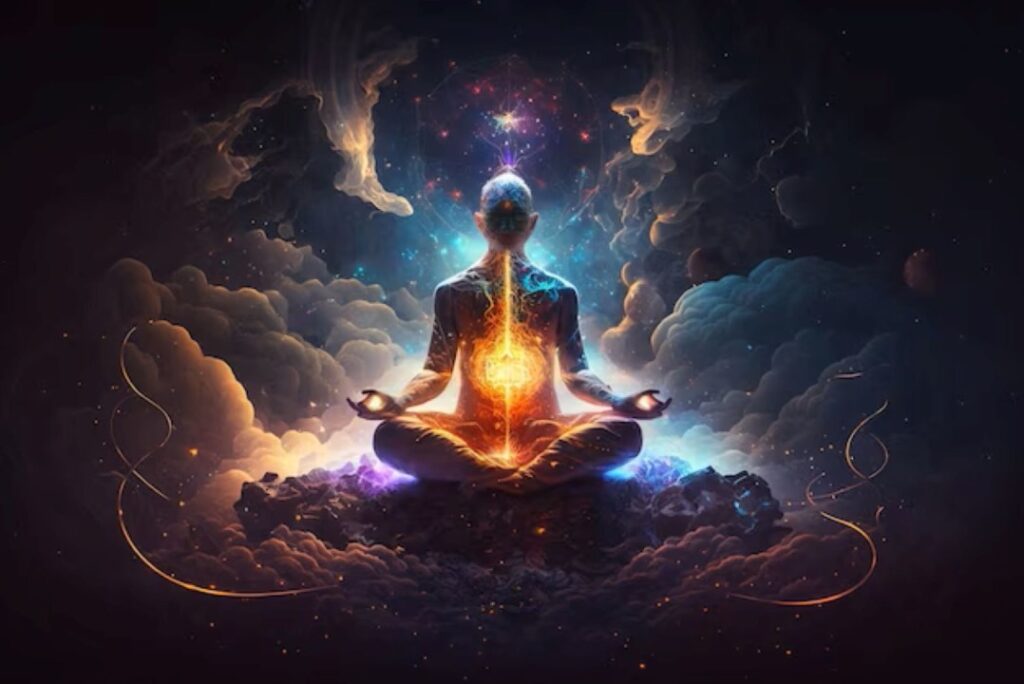 A person meditation in full aura and power of self-reflection signifying the fifth element of satori attitude