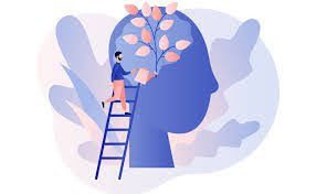 A person ascends a ladder to reach a head, symbolizing growth and talents, with a tree flourishing from the top.