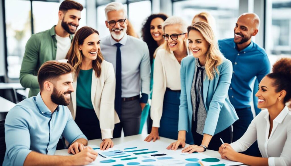 an image of a diverse group of people working together in an office, with each person representing a different generation. Show them collaborating and sharing ideas in a harmonious and respectful manner. Perhaps they are gathered around a table or brainstorming on a whiteboard. Highlight the differences in their clothing styles, hairstyles, and overall demeanor to emphasize the diversity of the group. The environment should feel modern and technologically advanced to represent the younger generations, while still maintaining a sense of professionalism and maturity to appeal to the older generations.