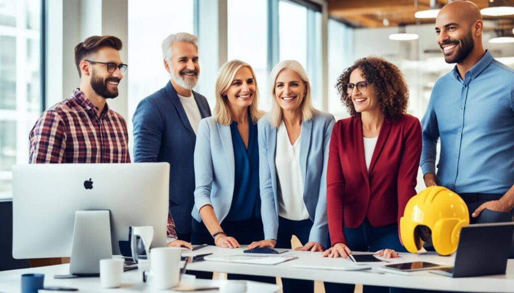 a diverse group of workers in a office setting, with each person representing a different generation. The older workers (Gen X) could be dressed in more traditional business attire while the younger workers (Millennials and Gen Z) could be dressed in more casual and trendy attire. Have them all engaged in various work activities, such as working on their computers, collaborating on a project, or having a discussion during a break. Ensure that each person is portrayed as equal and respected, with no visible signs of tension or conflict between generations.