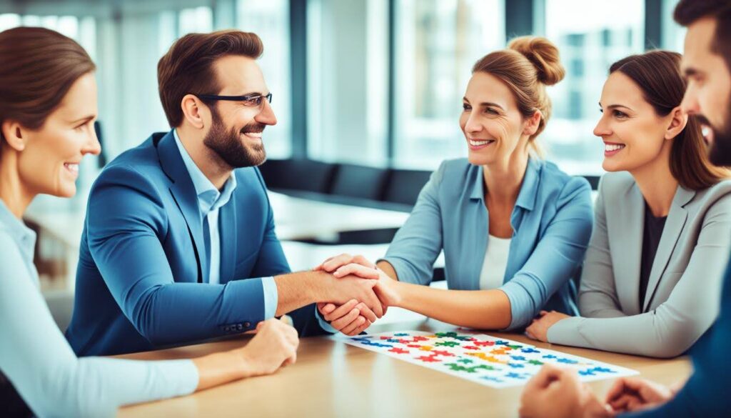 A group of diverse employees of different ages gathered around a table, collaborating and sharing ideas. Each person is engaged and listening attentively to the others, with a sense of openness and understanding between them. Maybe they're holding hands, or there's a symbol of unity like a puzzle or intertwined branches. The scene should convey a feeling of mutual respect, cooperation, and positive energy.