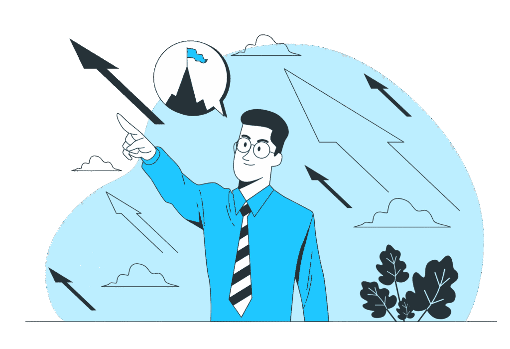 A vector illustration of a businessman pointing at an upward arrow. Relevant to manager mistakes