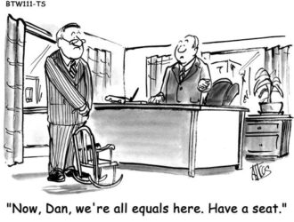 Two men having a conversation, one in a chair and the other in a suit. Illustration for 'how to be a better manager'.