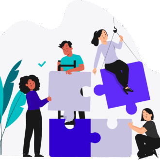 People collaborating to solve a puzzle piece, symbolizing teamwork and problem-solving skills. Relevant to 'how to be a better manager'.