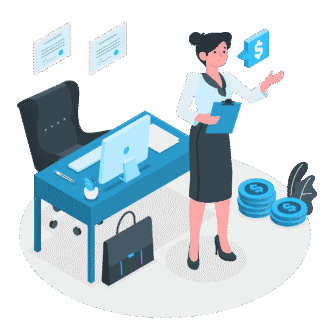 A woman standing at a desk with a laptop and money, representing manager mistakes and how to be a better manager.